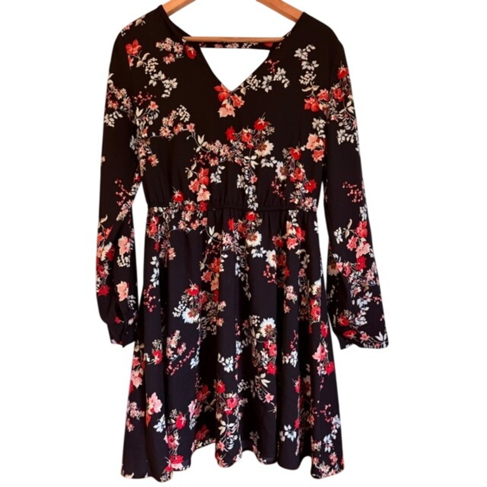 LOFT Womens Small Black Floral V-Neck Cutout Back Long Sleeve Mini Dress